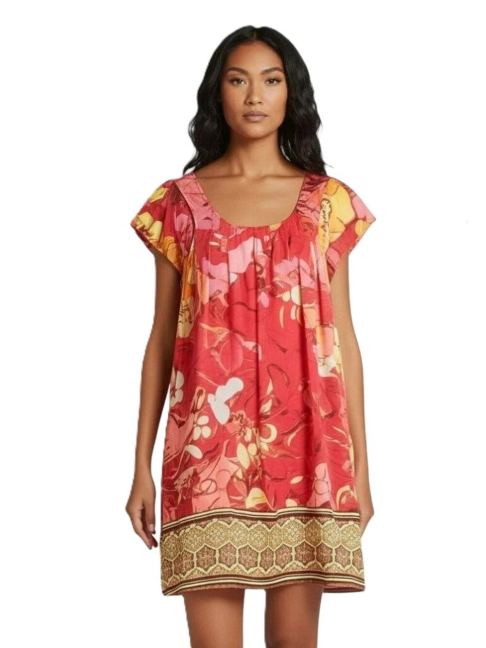 Hale Bob Silk Floral Boho Shift Summer Dress S Coral Pink Resort Wear Party Boho